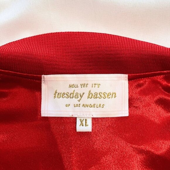 TUESDAY BASSEN MIXED EMOTIONS SATIN BOMBER JACKET IN MINT AND RED - XL - Picture 6 of 11